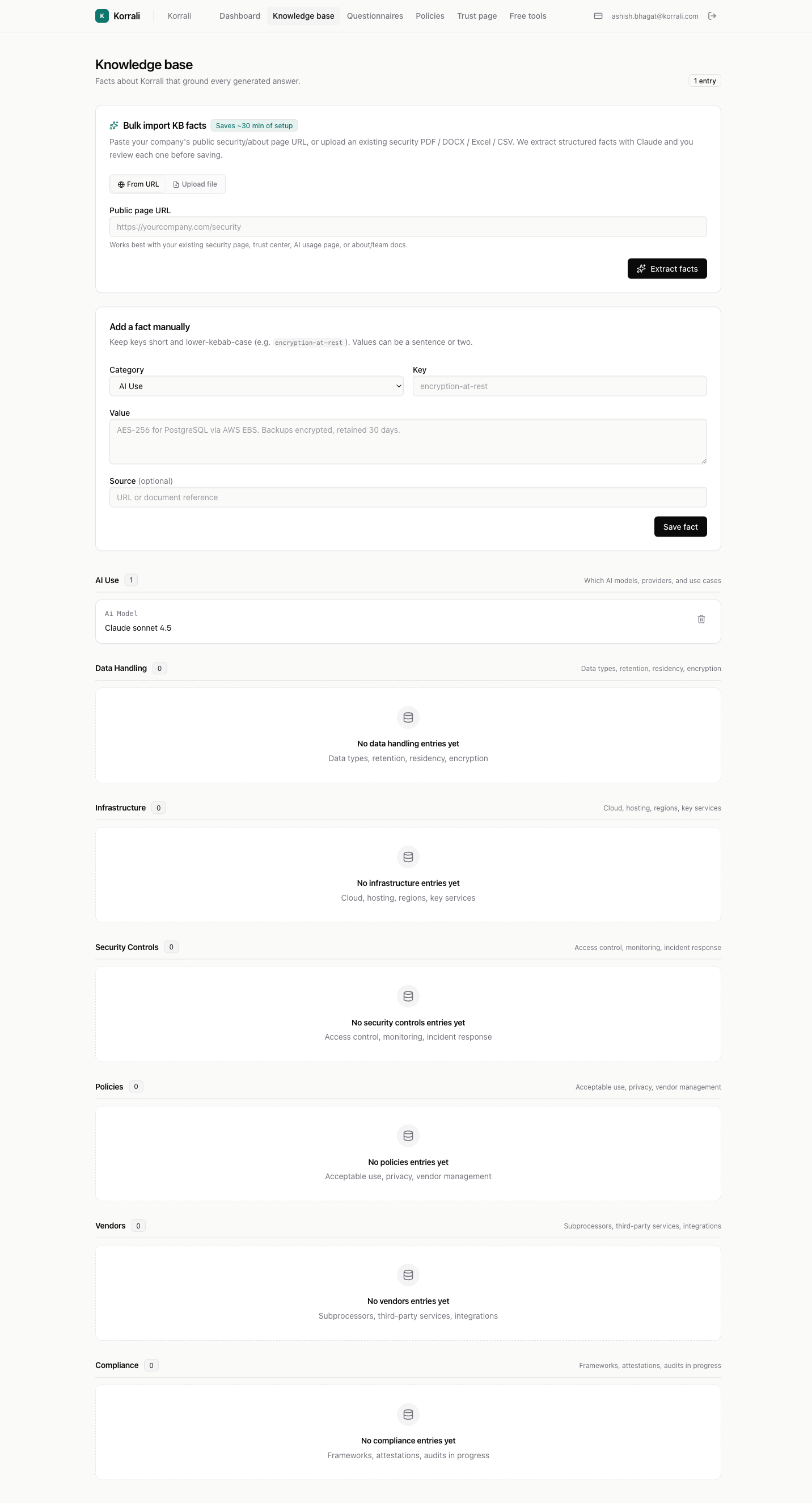 Knowledge base — facts grouped by category