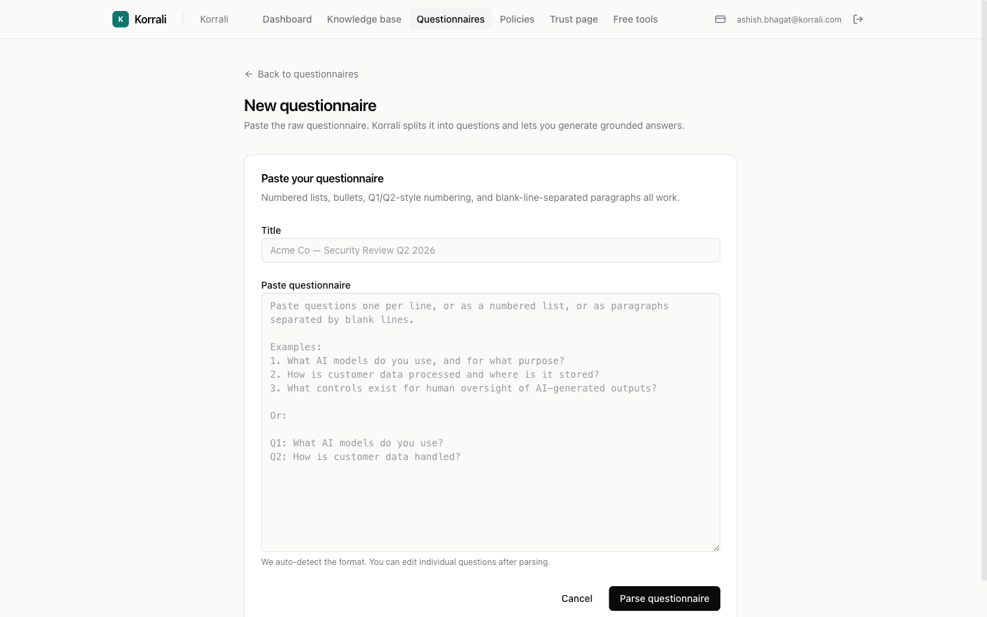 New questionnaire form