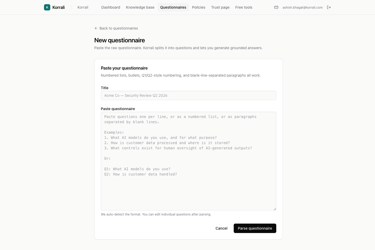 Questionnaire — answers generated, with confidence badges