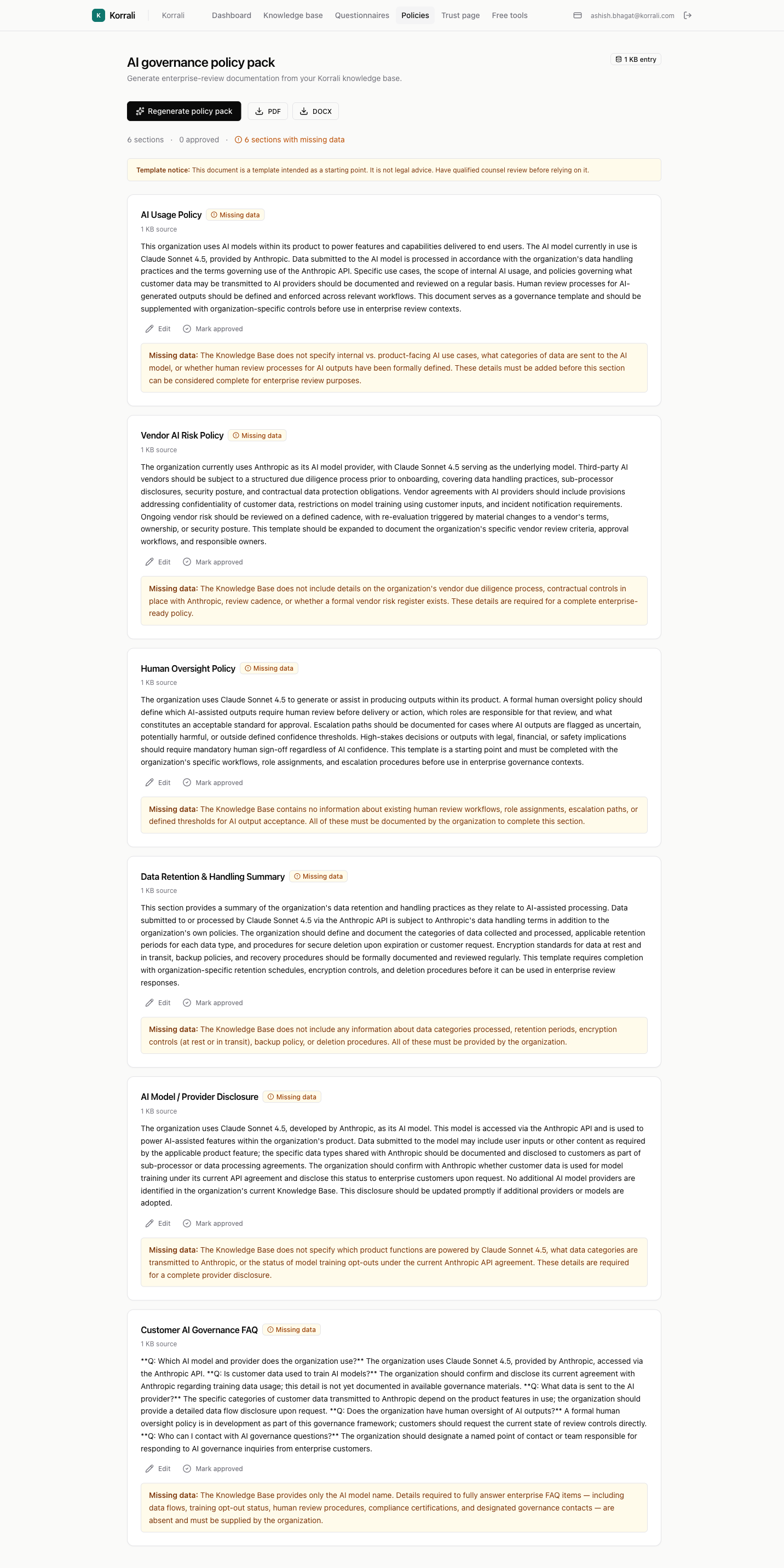 Policy pack — generate or regenerate from KB